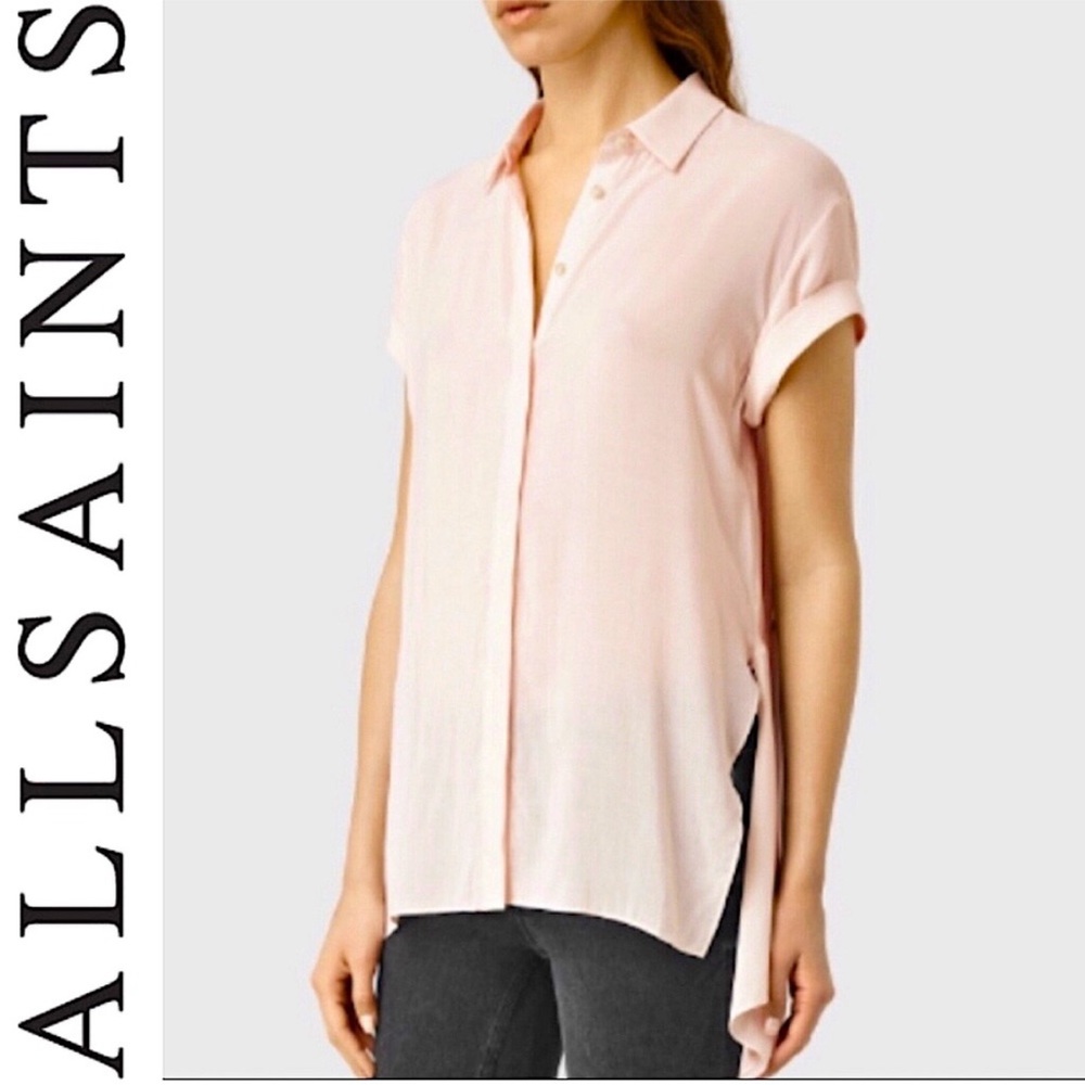 ALL SAINTS CHEYNE CUFFED SLEEVE SIDE SLITS button down SHIRT 2 blush pink
